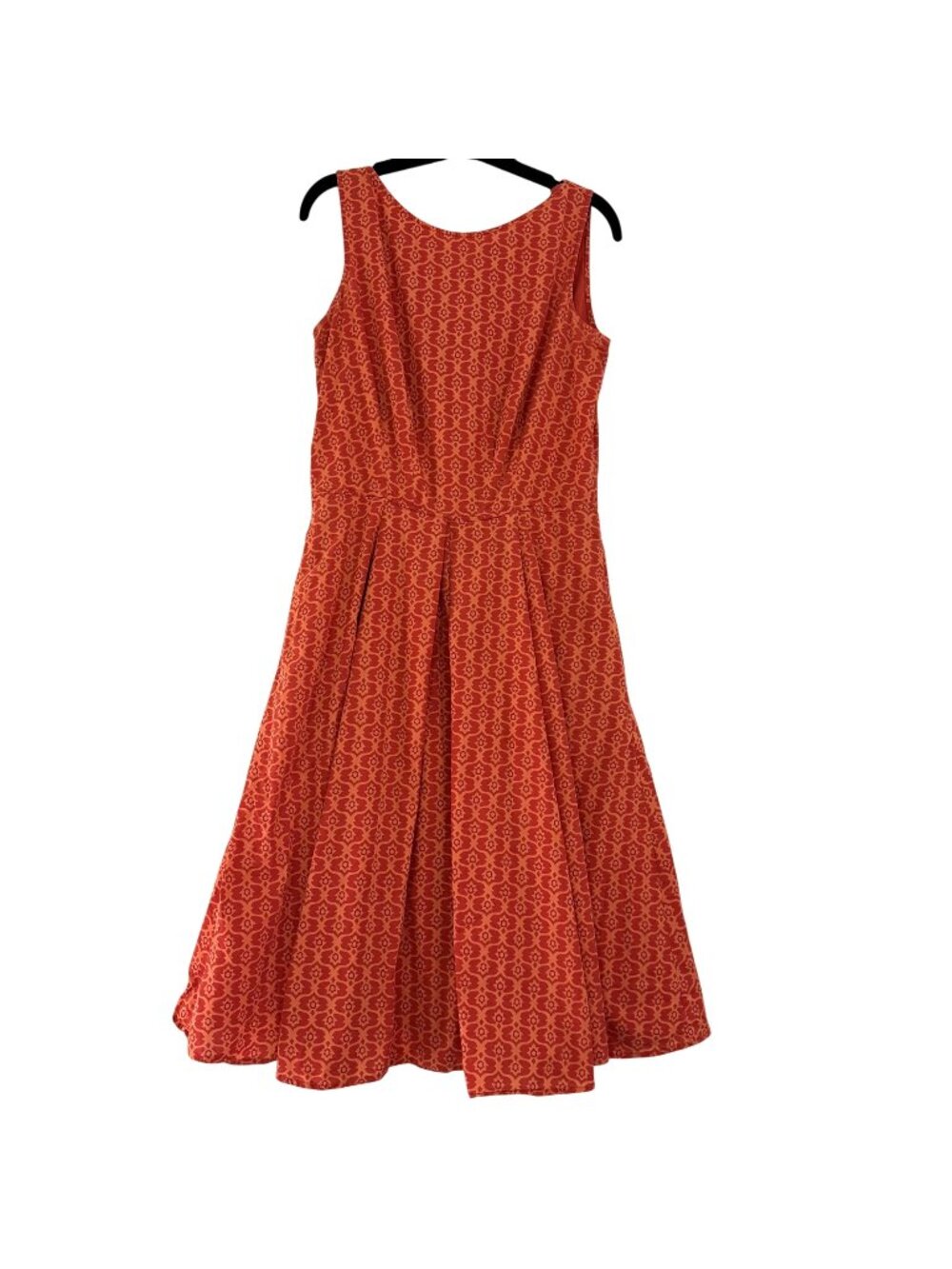 eShakti Custom Cotton Fit Flare Midi Dress Orange Red Print Pockets Sz M